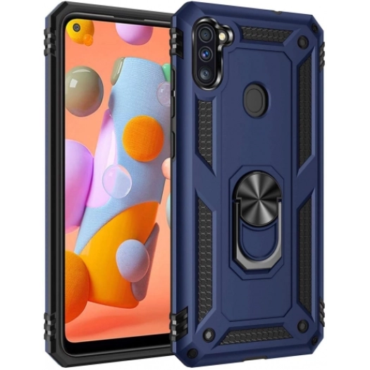 Samsung Galaxy A11 Kılıf Silikon Zırhlı Standlı Yüzüklü Mıknatıslı Tank Kapak - Lacivert