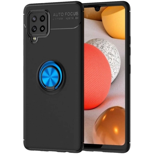 Samsung Galaxy A12 Kılıf Renkli Silikon Yüzüklü Standlı Auto Focus Ravel Kapak - Mavi - Siyah