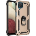 Samsung Galaxy A12 Kılıf Silikon Zırhlı Standlı Yüzüklü Mıknatıslı Tank Kapak - Gold