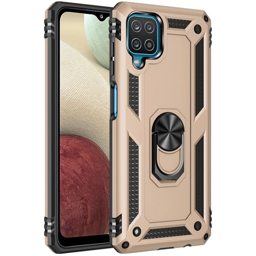 Samsung Galaxy A12 Kılıf Silikon Zırhlı Standlı Yüzüklü Mıknatıslı Tank Kapak - Gold