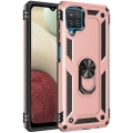 Samsung Galaxy A12 Kılıf Silikon Zırhlı Standlı Yüzüklü Mıknatıslı Tank Kapak - Rose Gold