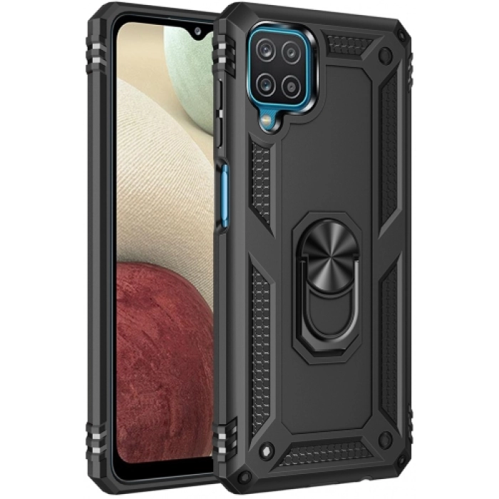 Samsung Galaxy A12 Kılıf Silikon Zırhlı Standlı Yüzüklü Mıknatıslı Tank Kapak - Siyah
