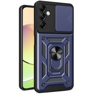 Samsung Galaxy A14 Kılıf Zırhlı Standlı Silikon Sürgülü Kamera Korumalı Tank Kapak - Mavi