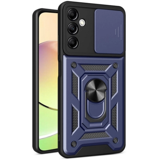 Samsung Galaxy A14 Kılıf Zırhlı Standlı Silikon Sürgülü Kamera Korumalı Tank Kapak - Mavi
