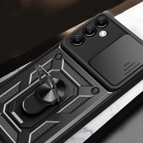 Samsung Galaxy A14 Kılıf Zırhlı Standlı Silikon Sürgülü Kamera Korumalı Tank Kapak - Siyah