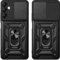 Samsung Galaxy A14 Kılıf Zırhlı Standlı Silikon Sürgülü Kamera Korumalı Tank Kapak - Siyah