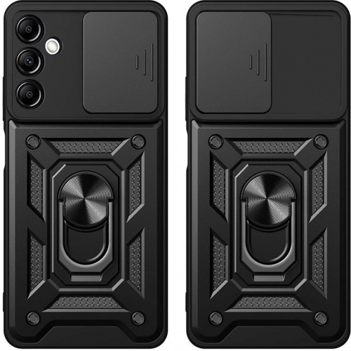 Samsung Galaxy A14 Kılıf Zırhlı Standlı Silikon Sürgülü Kamera Korumalı Tank Kapak - Siyah