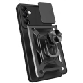 Samsung Galaxy A14 Kılıf Zırhlı Standlı Silikon Sürgülü Kamera Korumalı Tank Kapak - Siyah