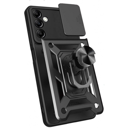 Samsung Galaxy A14 Kılıf Zırhlı Standlı Silikon Sürgülü Kamera Korumalı Tank Kapak - Siyah