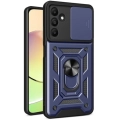Samsung Galaxy A15 Kılıf Zırhlı Standlı Silikon Sürgülü Kamera Korumalı Tank Kapak - Mavi
