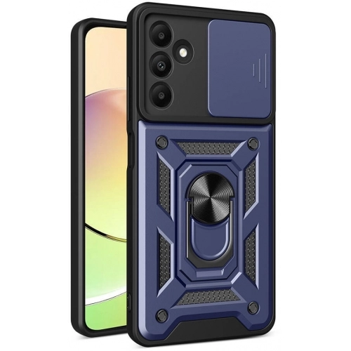 Samsung Galaxy A15 Kılıf Zırhlı Standlı Silikon Sürgülü Kamera Korumalı Tank Kapak - Mavi
