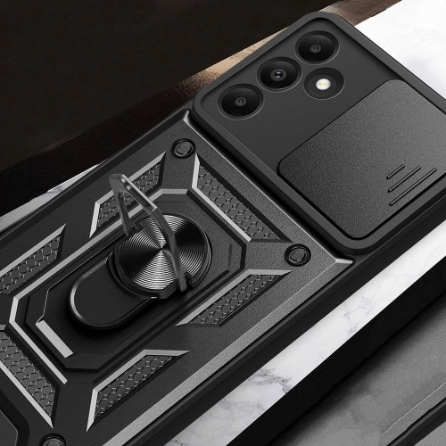 Samsung Galaxy A15 Kılıf Zırhlı Standlı Silikon Sürgülü Kamera Korumalı Tank Kapak - Mavi