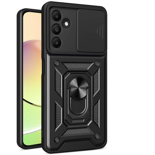 Samsung Galaxy A15 Kılıf Zırhlı Standlı Silikon Sürgülü Kamera Korumalı Tank Kapak - Siyah