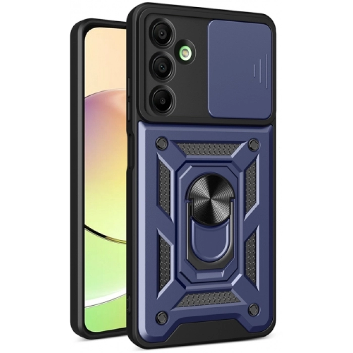 Samsung Galaxy A16 Kılıf Zırhlı Standlı Silikon Sürgülü Kamera Korumalı Tank Kapak - Mavi