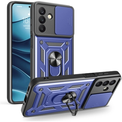 Samsung Galaxy A17 Kılıf Zırhlı Standlı Silikon Sürgülü Kamera Korumalı Tank Kapak - Mavi