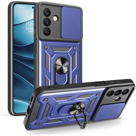 Samsung Galaxy A17 Kılıf Zırhlı Standlı Silikon Sürgülü Kamera Korumalı Tank Kapak - Mavi