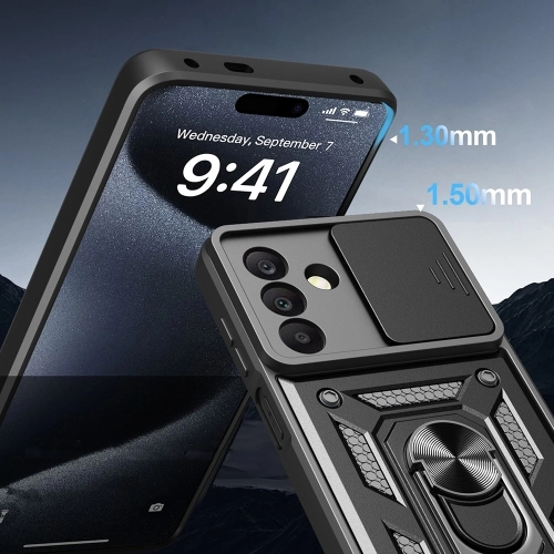 Samsung Galaxy A17 Kılıf Zırhlı Standlı Silikon Sürgülü Kamera Korumalı Tank Kapak - Mavi