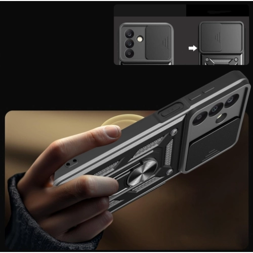 Samsung Galaxy A17 Kılıf Zırhlı Standlı Silikon Sürgülü Kamera Korumalı Tank Kapak - Mavi