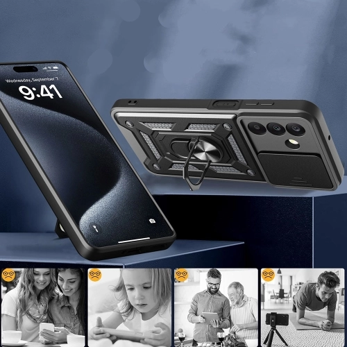 Samsung Galaxy A17 Kılıf Zırhlı Standlı Silikon Sürgülü Kamera Korumalı Tank Kapak - Siyah