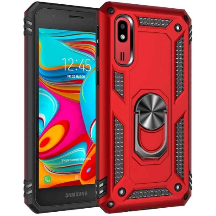 Samsung Galaxy A2 Core Kılıf Silikon Zırhlı Standlı Yüzüklü Mıknatıslı Tank Kapak - Kırmızı