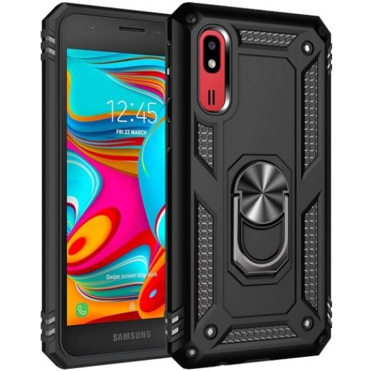 Samsung Galaxy A2 Core Kılıf Silikon Zırhlı Standlı Yüzüklü Mıknatıslı Tank Kapak - Siyah