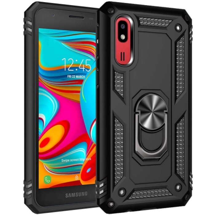 Samsung Galaxy A2 Core Kılıf Silikon Zırhlı Standlı Yüzüklü Mıknatıslı Tank Kapak - Siyah