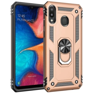 Samsung Galaxy A20 Kılıf Silikon Zırhlı Standlı Yüzüklü Mıknatıslı Tank Kapak - Gold