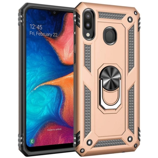 Samsung Galaxy A20 Kılıf Silikon Zırhlı Standlı Yüzüklü Mıknatıslı Tank Kapak - Gold