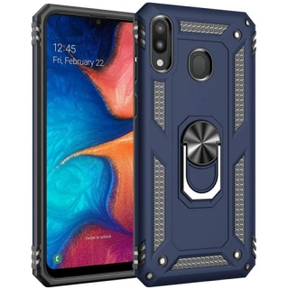 Samsung Galaxy A20 Kılıf Silikon Zırhlı Standlı Yüzüklü Mıknatıslı Tank Kapak - Lacivert