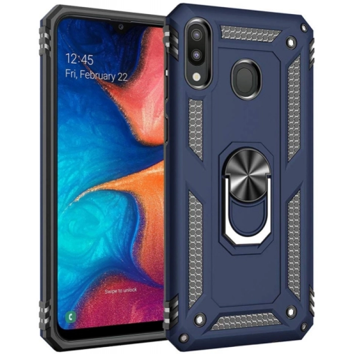 Samsung Galaxy A20 Kılıf Silikon Zırhlı Standlı Yüzüklü Mıknatıslı Tank Kapak - Lacivert