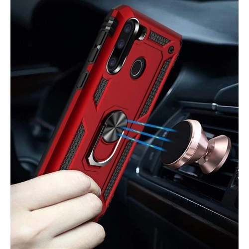 Samsung Galaxy A21 Kılıf Silikon Zırhlı Standlı Yüzüklü Mıknatıslı Tank Kapak - Kırmızı