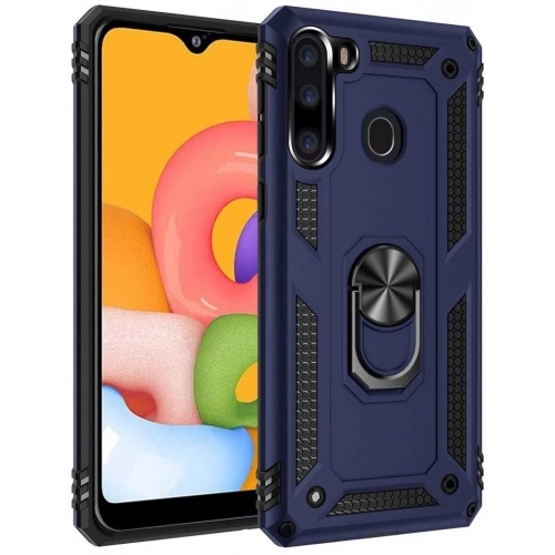 Samsung Galaxy A21 Kılıf Silikon Zırhlı Standlı Yüzüklü Mıknatıslı Tank Kapak - Lacivert