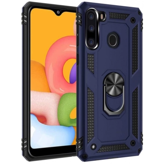 Samsung Galaxy A21 Kılıf Silikon Zırhlı Standlı Yüzüklü Mıknatıslı Tank Kapak - Lacivert