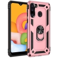 Samsung Galaxy A21 Kılıf Silikon Zırhlı Standlı Yüzüklü Mıknatıslı Tank Kapak - Rose Gold