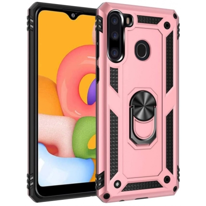 Samsung Galaxy A21 Kılıf Silikon Zırhlı Standlı Yüzüklü Mıknatıslı Tank Kapak - Rose Gold