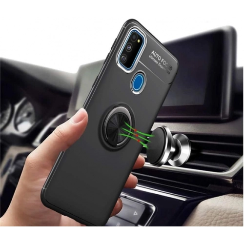 Samsung Galaxy A21s Kılıf Renkli Silikon Yüzüklü Standlı Auto Focus Ravel Kapak - Kırmızı - Siyah