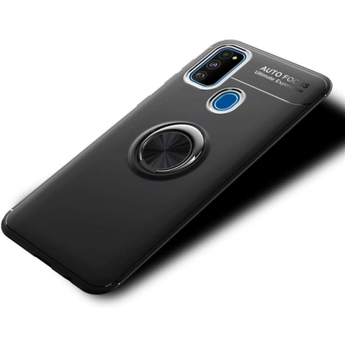 Samsung Galaxy A21s Kılıf Renkli Silikon Yüzüklü Standlı Auto Focus Ravel Kapak - Kırmızı - Siyah