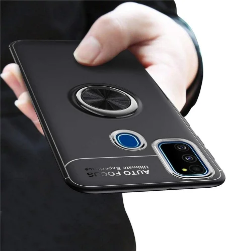Samsung Galaxy A21s Kılıf Auto Focus Serisi Soft Premium Standlı Yüzüklü Kapak - Kırmızı Siyah