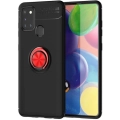 Samsung Galaxy A21s Kılıf Renkli Silikon Yüzüklü Standlı Auto Focus Ravel Kapak - Kırmızı - Siyah