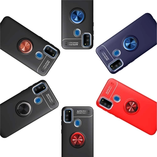 Samsung Galaxy A21s Kılıf Renkli Silikon Yüzüklü Standlı Auto Focus Ravel Kapak - Mavi