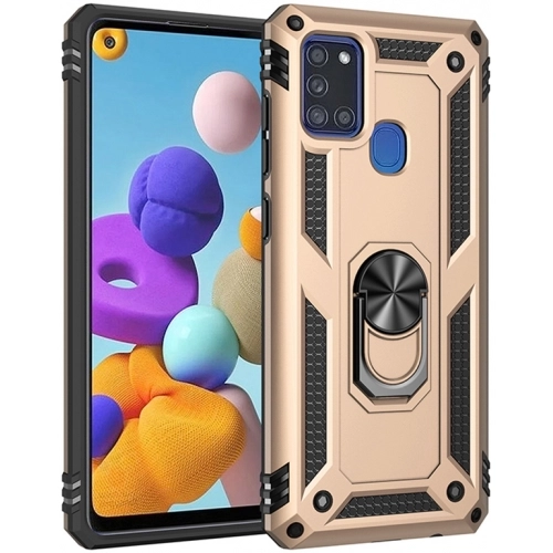 Samsung Galaxy A21s Kılıf Silikon Zırhlı Standlı Yüzüklü Mıknatıslı Tank Kapak - Gold