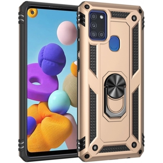 Samsung Galaxy A21s Kılıf Silikon Zırhlı Standlı Yüzüklü Mıknatıslı Tank Kapak - Gold