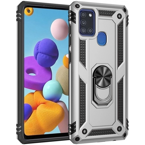 Samsung Galaxy A21s Kılıf Silikon Zırhlı Standlı Yüzüklü Mıknatıslı Tank Kapak - Gümüş
