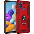 Samsung Galaxy A21s Kılıf Silikon Zırhlı Standlı Yüzüklü Mıknatıslı Tank Kapak - Kırmızı