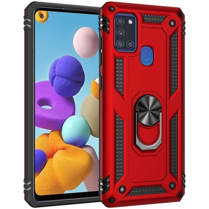 Samsung Galaxy A21s Kılıf Silikon Zırhlı Standlı Yüzüklü Mıknatıslı Tank Kapak - Kırmızı