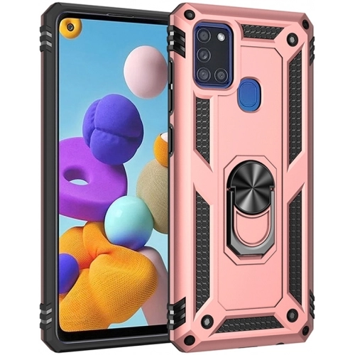 Samsung Galaxy A21s Kılıf Silikon Zırhlı Standlı Yüzüklü Mıknatıslı Tank Kapak - Rose Gold
