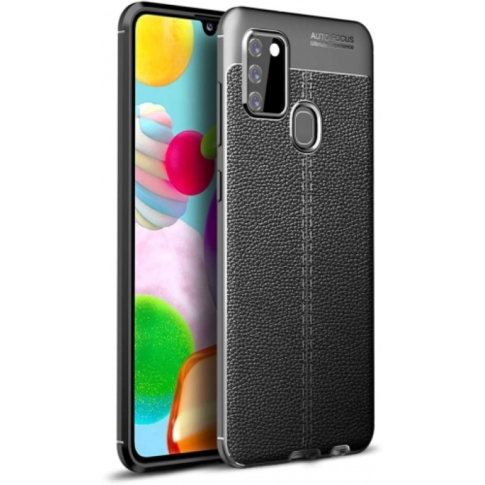 Samsung Galaxy A21s Kılıf Deri Görünümlü Lüks Parmak İzi Bırakmaz Niss Silikon Kapak - Siyah