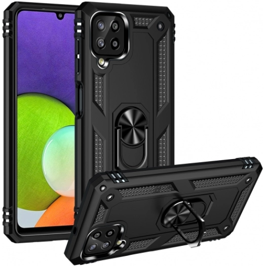 Samsung Galaxy A22 Kılıf Silikon Zırhlı Standlı Yüzüklü Mıknatıslı Tank Kapak - Siyah