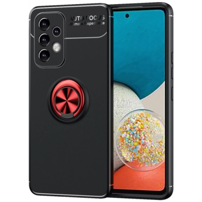 Samsung Galaxy A23 Kılıf Renkli Silikon Yüzüklü Standlı Auto Focus Ravel Kapak - Kırmızı - Siyah