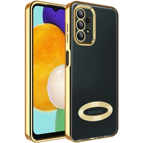 Samsung Galaxy A23 Kılıf Kamera Lens Korumalı Şeffaf Renkli Logo Gösteren Parlak Kapak - Gold